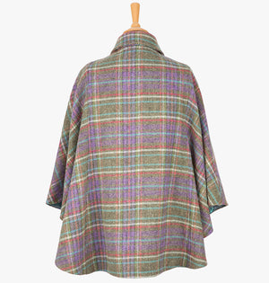 This is the rear view of the cape in multi check, the colour is purple and  green with a white, red and turquoise overcheck. You can see the collar folded down and the cape draping beautifully at the back.