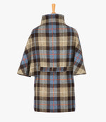 This is the rear view of the belted cape in Camel check, the colour is brown and taupe check, with an orange and white overcheck. You can see the collar stood up and the neat belt at the back.