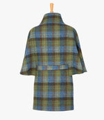 This is the rear view of the belted cape in denim sage, the colour is blue, brown and green check. You can see the collar stood up and the neat belt at the back.