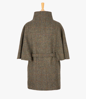 This is the rear view of the belted cape in Brown herringbone. You can see the collar stood up and the neat belt at the back.    