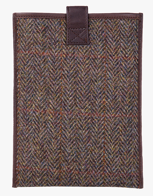 Reverse view of Harris Tweed tablet case in brown herringbone trimmed with leather.