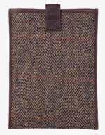 Reverse view of Harris Tweed tablet case in brown herringbone trimmed with leather.