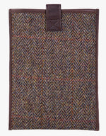 Reverse view of Harris Tweed tablet case in brown herringbone trimmed with leather.