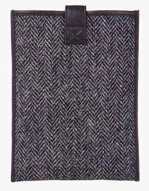 Reverse view of Harris Tweed tablet case in charcoal herringbone trimmed with leather.
