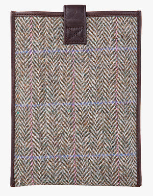 Reverse view of Harris Tweed tablet case in pastel check trimmed with leather.