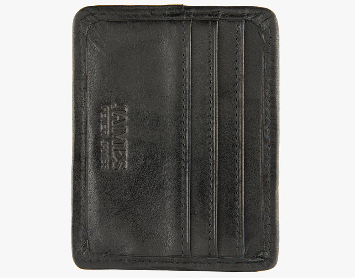 This is the rear view of the Harris Tweed card and note holder, it is space for 3 cards made from black leather. It has a Peter James logo stamped at the bottom.
