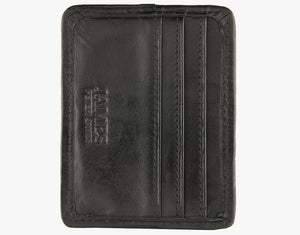 This is the rear view of the Harris Tweed card and note holder, it is space for 3 cards made from black leather. It has a Peter James logo stamped at the bottom.