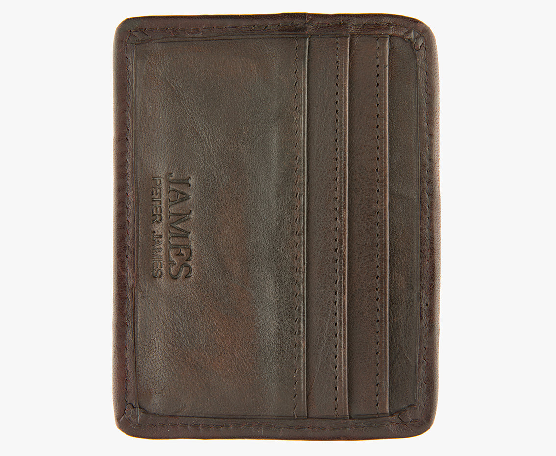 This is the rear view of the Harris Tweed card and note holder, it is space for 3 cards made from brown leather. It has a Peter James logo stamped at the bottom