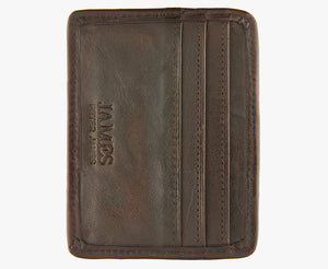 This is the rear view of the Harris Tweed card and note holder, it is space for 3 cards made from brown leather. It has a Peter James logo stamped at the bottom
