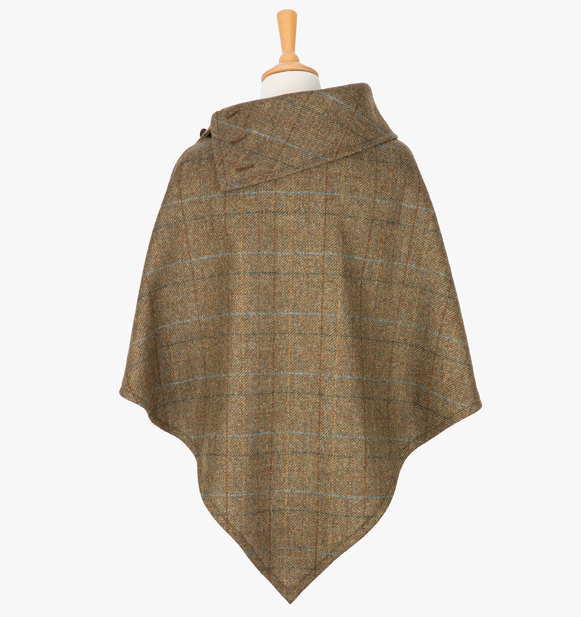 Rear view of the Earth poncho, this drops over the head and drapes gently over the shoulders. It comes mid-way down the arms and finishes at a point at the back. The colour is  brown with a black, brown and blue overcheck. It has a folded collar with 3 button holes on the left.