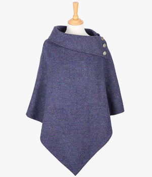 Harris Tweed poncho in violet, it has a folded over cowl collar with 3 Celtic buttons detail.