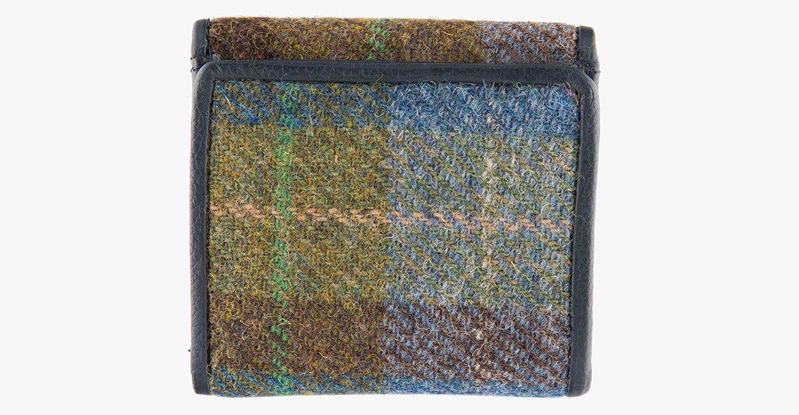 Rear view of Harris Tweed purse in denim sage check with a blue leather trim. The colour is blue, green and brown check. 