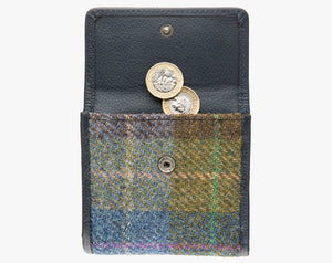 View of harris tweed purse shown open with two coins visible.