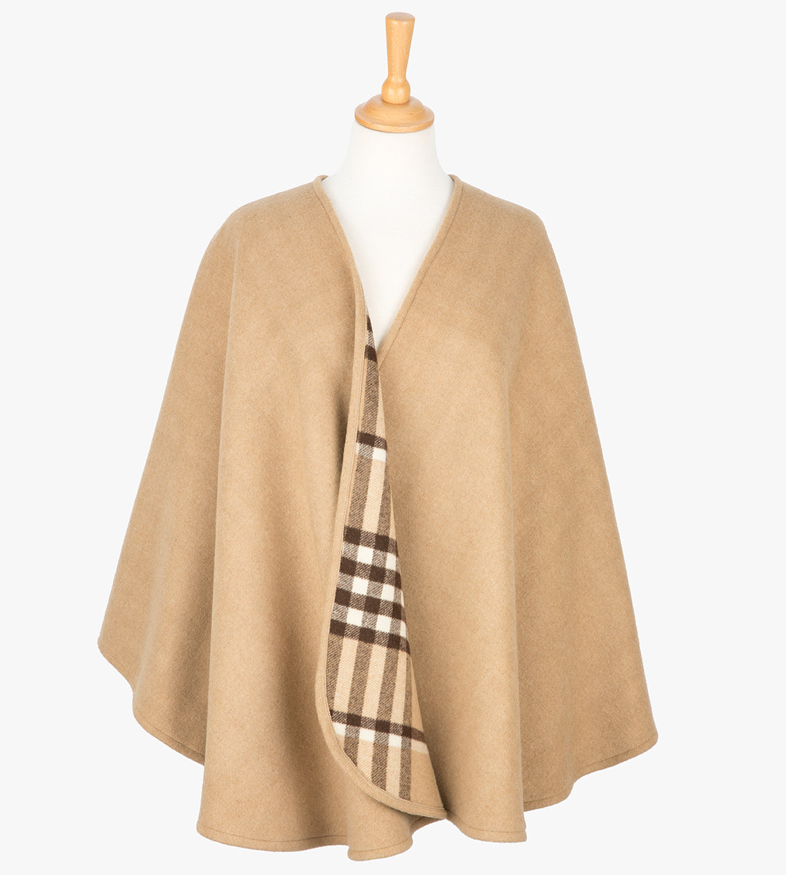 Reversible Wool and Cashmere serape/wrap in camel, it is camel on one side and a brown check on the reverse as shown.