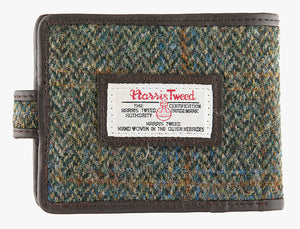 Reverse of Harris Tweed wallet in green/blue check with the Harris Tweed logo in the middle.