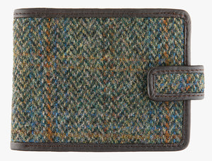 Harris Tweed wallet trimmed in leather in green/blue check.