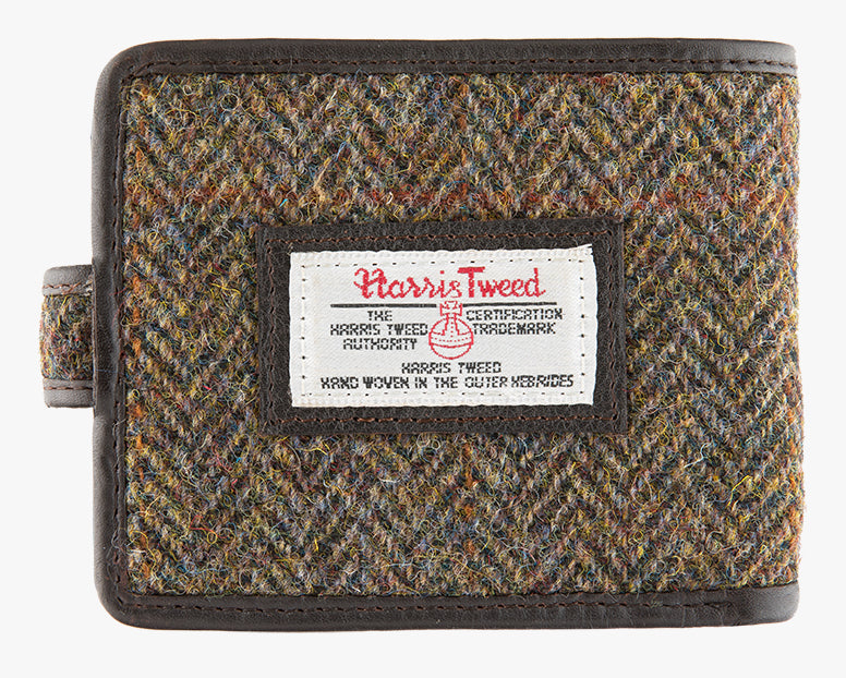 Reverse of Harris Tweed wallet in brown herringbone with the Harris Tweed logo in the middle.