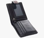 Inside photo of Harris Tweed wallet with leather, it has space for six bank cards plus notes and an identity card.