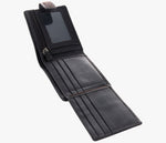 Inside photo of Harris Tweed wallet with leather, it has space for six bank cards plus notes and an identity card.