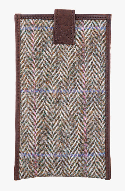 Reverse view of Harris Tweed phone case in pastel check trimmed with leather.
