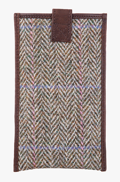 Reverse view of Harris Tweed phone case in pastel check trimmed with leather.
